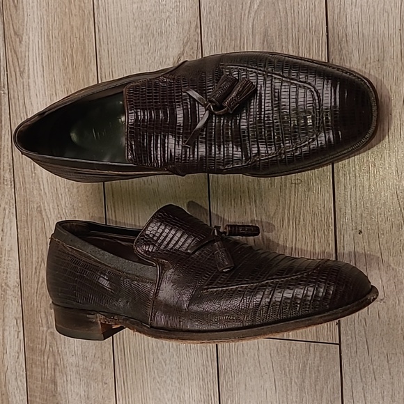 FOOTJOY Dark Brown‎ Lizard Leather Sz 10.5 E Mens Tassel Loafers Shoes VTG RARE - Picture 1 of 10